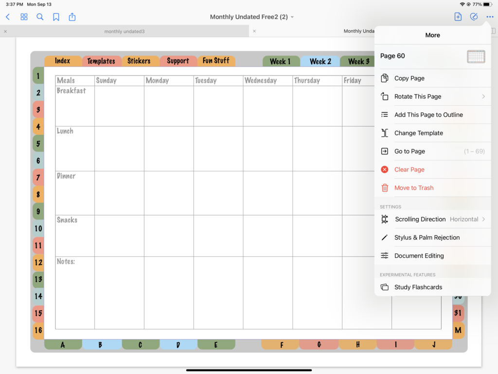 digital planner on an ipad copy page