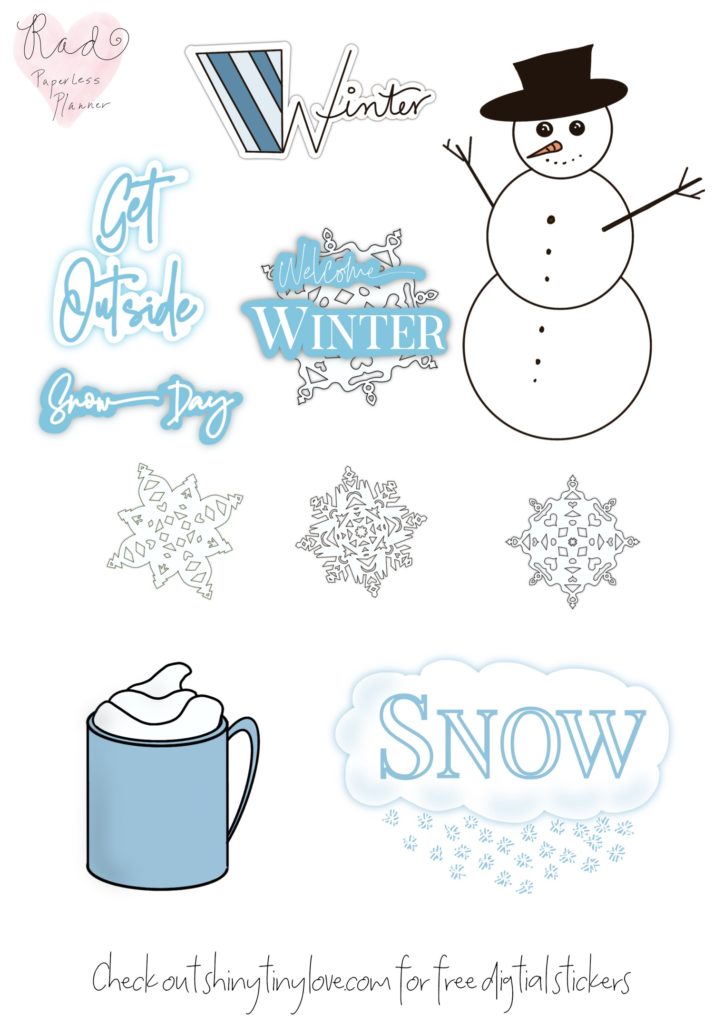 free winter stickers with snowman hot chocolate snowflakes and more