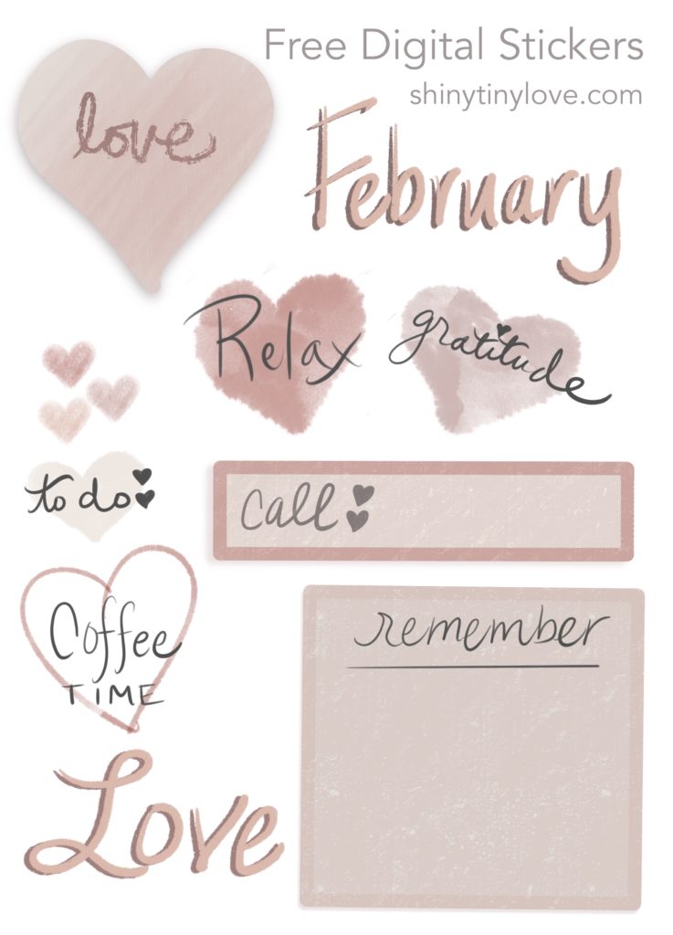 february digital stickers for digital planning in rose gold with hearts and love