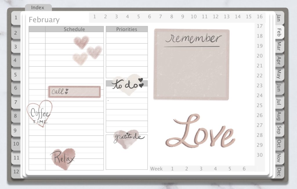free february digital stickers in the gray neutral planner 