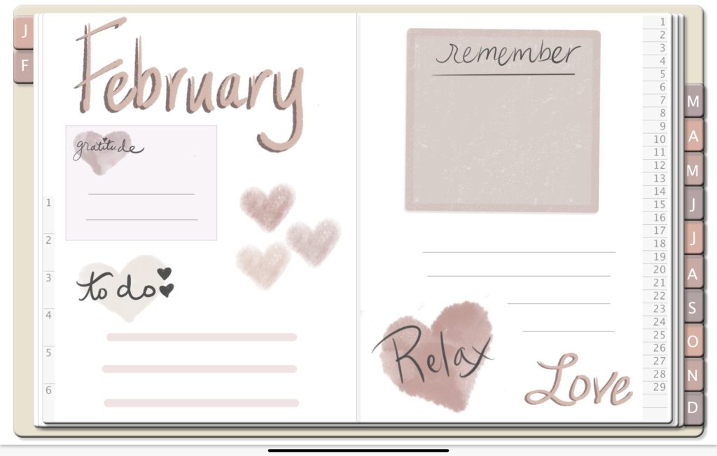 hearts and love themed stickers in a digital journal with a rose gold color pallet for february